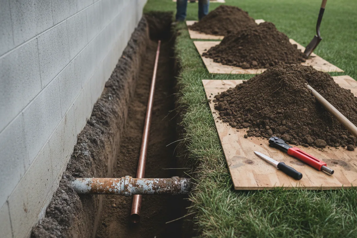 Excavated water line trench during Sewer Line Repair in Hanson